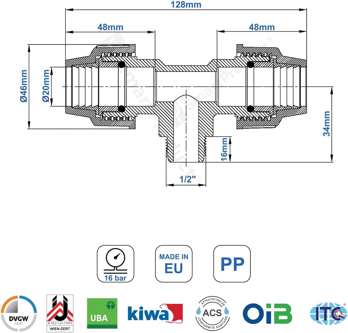 T-Stück PE Rohr Fitting 20mm x 1/2 x 20 mm Außengewinde AG Verschraubung PN16 DVGW Trinkwasser zertifiziert – Klemmverbinder – PP T Stück Kupplung für PE80 PE100 Rohren – 1 Stück