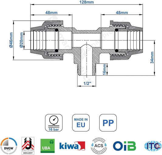 T-Stück PE Rohr Fitting 20mm x 1/2 x 20 mm Außengewinde AG Verschraubung PN16 DVGW Trinkwasser zertifiziert – Klemmverbinder – PP T Stück Kupplung für PE80 PE100 Rohren – 1 Stück