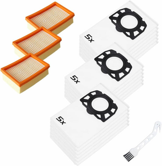 Staubsaugerbeutel x15 kompatibel mit Kärcher WD4 Staubsauger, inkl. 3x Patronenfilter + 1 Reinigungsbürste Set, geeignet für WD5, WD5P, WD6, WD6P, MW4, MW4P, MV5, MW5P, MV6 und MW6P Serie