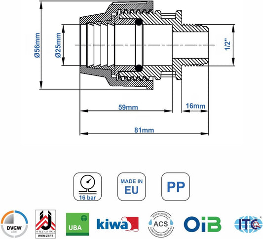 PP Kupplung MDPE 25mm x 1/2 Zoll mit Außengewinde AG - Verschraubung für PE Rohr PN16 DVGW Trinkwasser zertifiziert – 25 mm Klemmverbinder Adapter für PE80 PE100 Rohren - 2 Stück