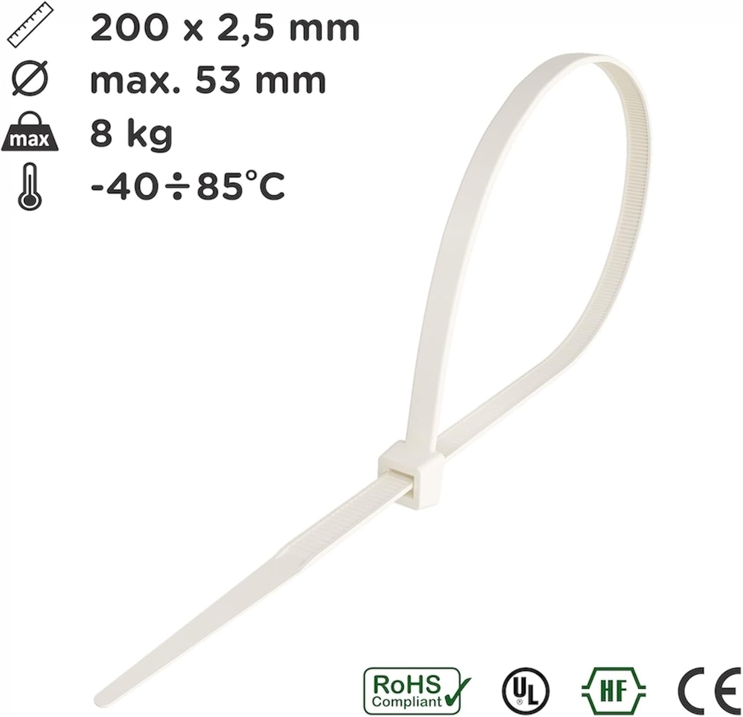 intervisio Kabelbinder 200mm x 2,5mm, Farbe weiß, Natural, Universalbinder, 200 Stück