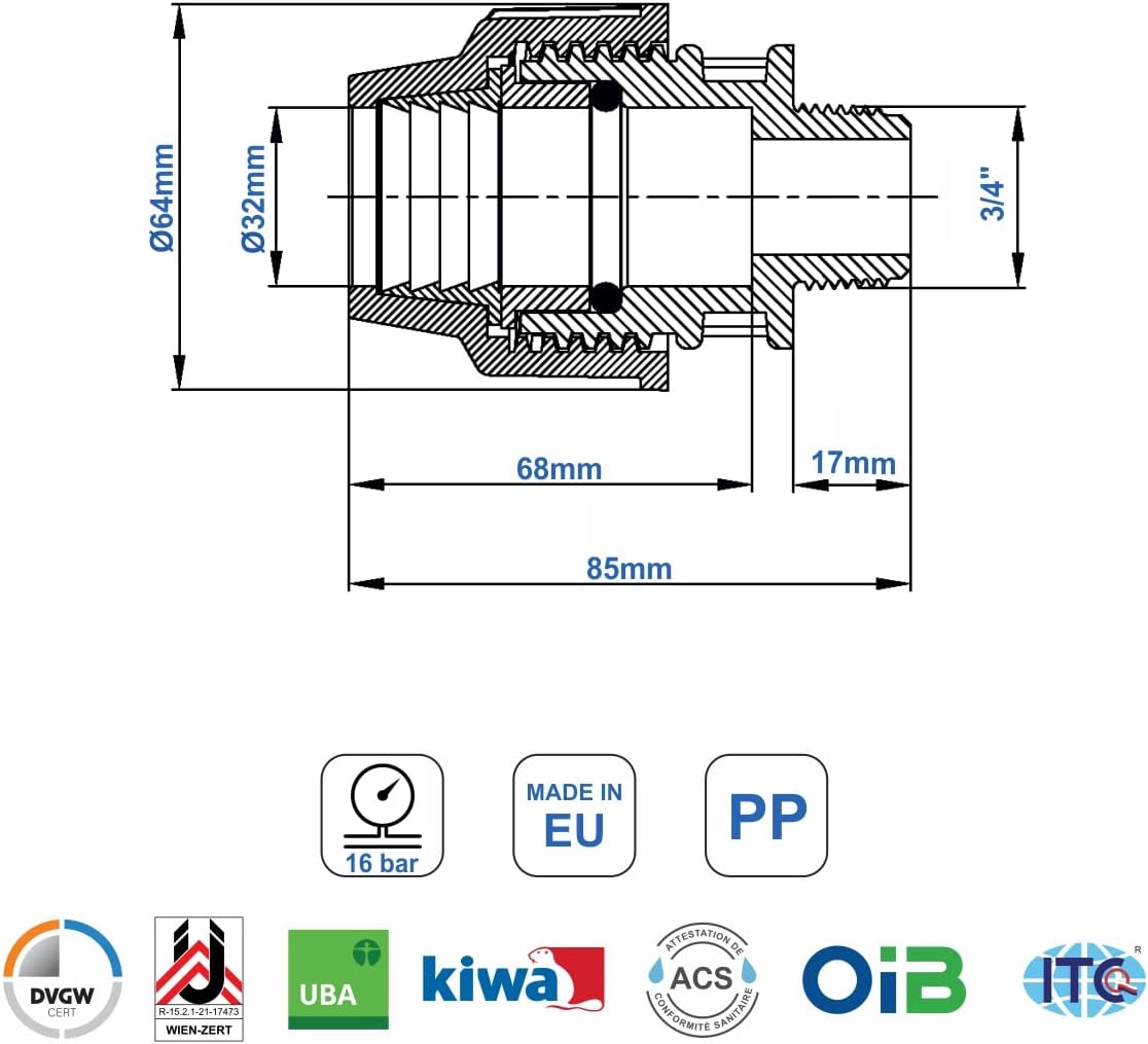 PP Kupplung MDPE 32mm x 3/4 Zoll mit Außengewinde AG - Verschraubung für PE Rohr PN16 DVGW Trinkwasser zertifiziert – 32 mm Klemmverbinder Adapter für PE80 PE100 Rohren - 2 Stück