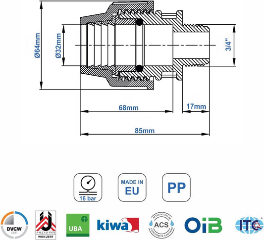 PP Kupplung MDPE 32mm x 3/4 Zoll mit Außengewinde AG - Verschraubung für PE Rohr PN16 DVGW Trinkwasser zertifiziert – 32 mm Klemmverbinder Adapter für PE80 PE100 Rohren - 2 Stück