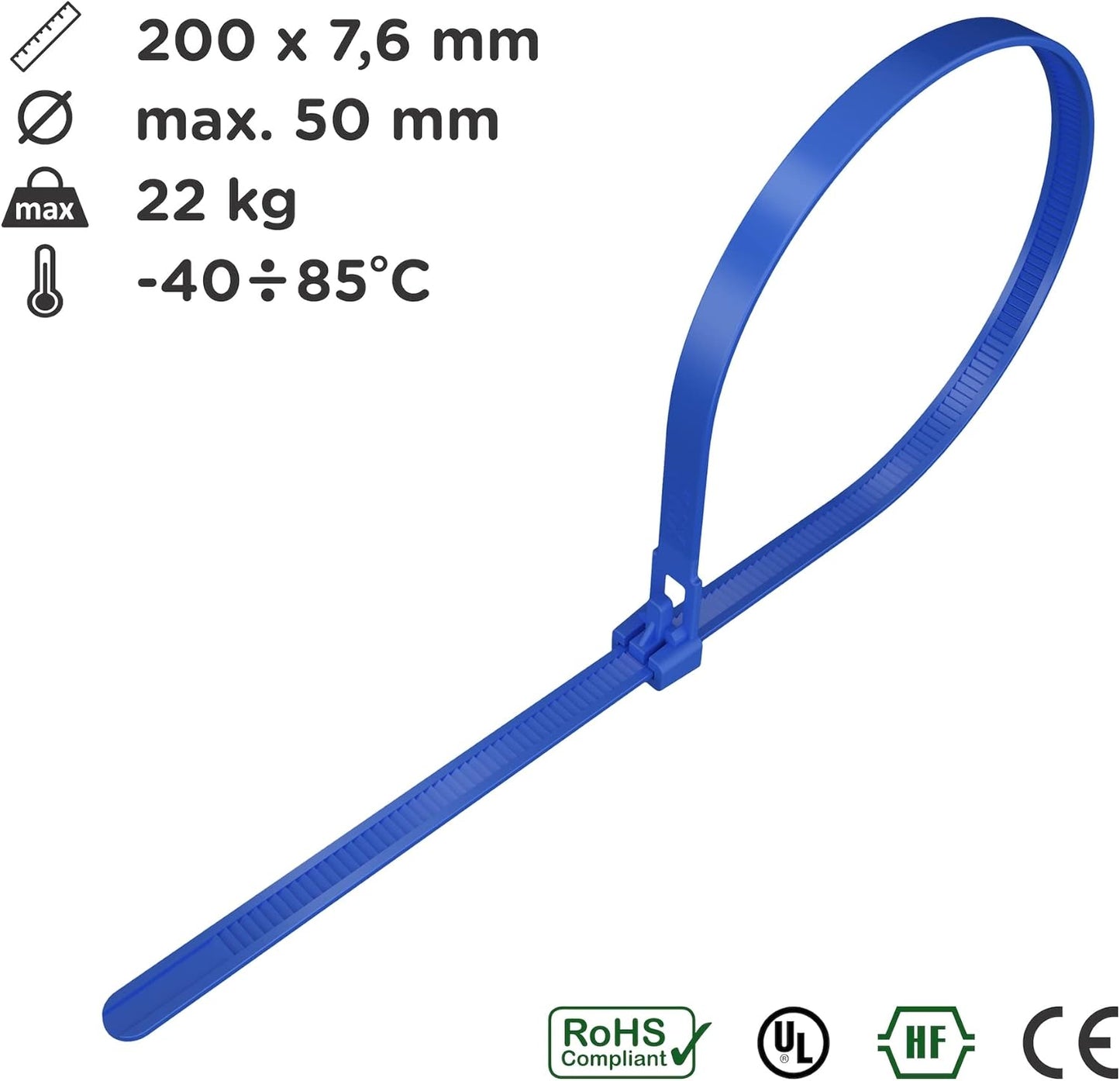 intervisio Kabelbinder Wiederverschließbar, 200mm x 7,6mm, 100 Stück, Blau