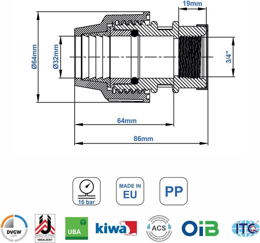PP Kupplung MDPE 32mm x 3/4 Zoll mit Innengewinde IG - Verschraubung für PE Rohr PN16 DVGW Trinkwasser zertifiziert – 32 mm Klemmverbinder Adapter für PE80 PE100 Rohren - 2 Stück