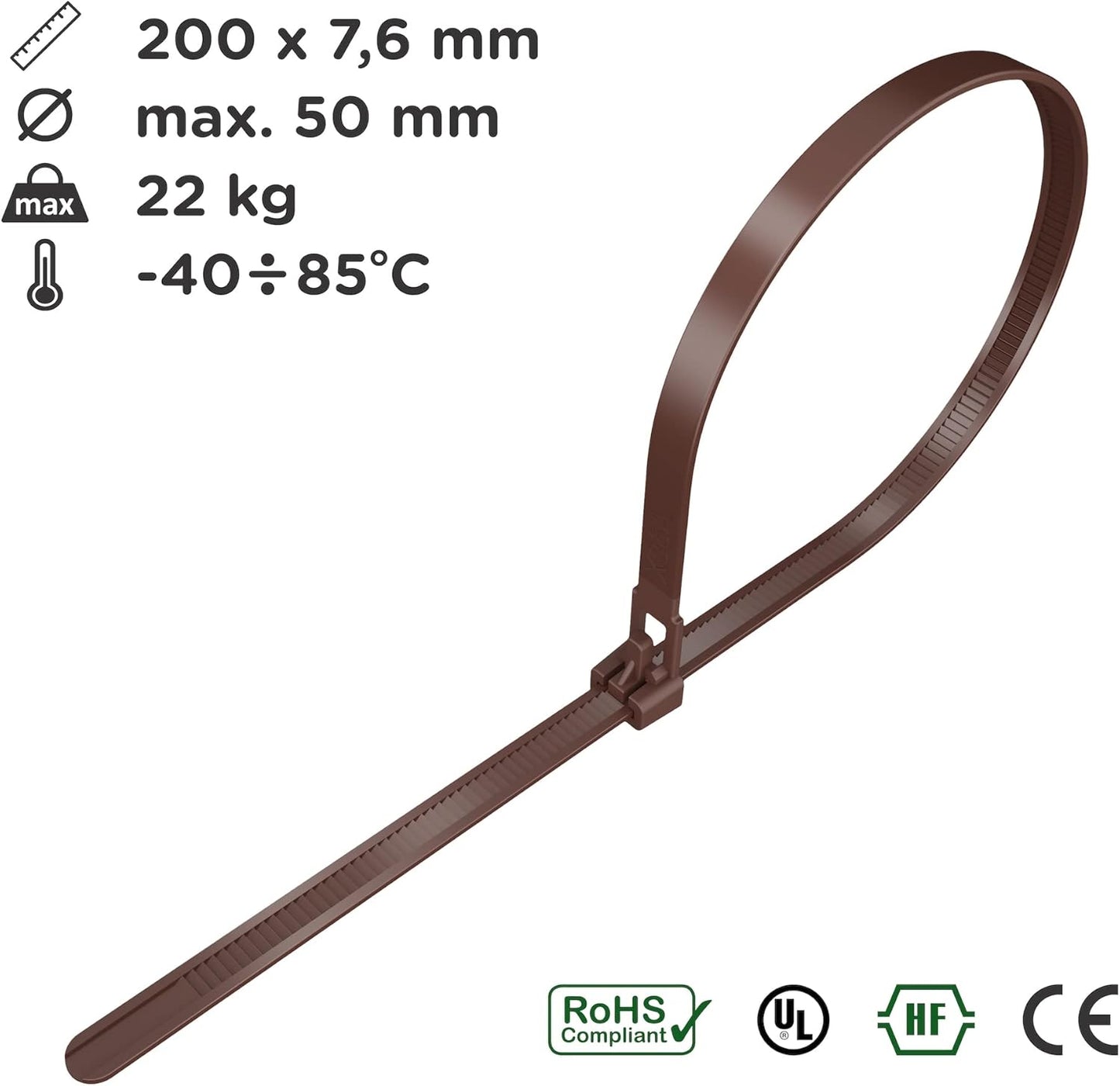 intervisio Kabelbinder wiederverschließbar 200mm x 7,6mm braun 100 Stück