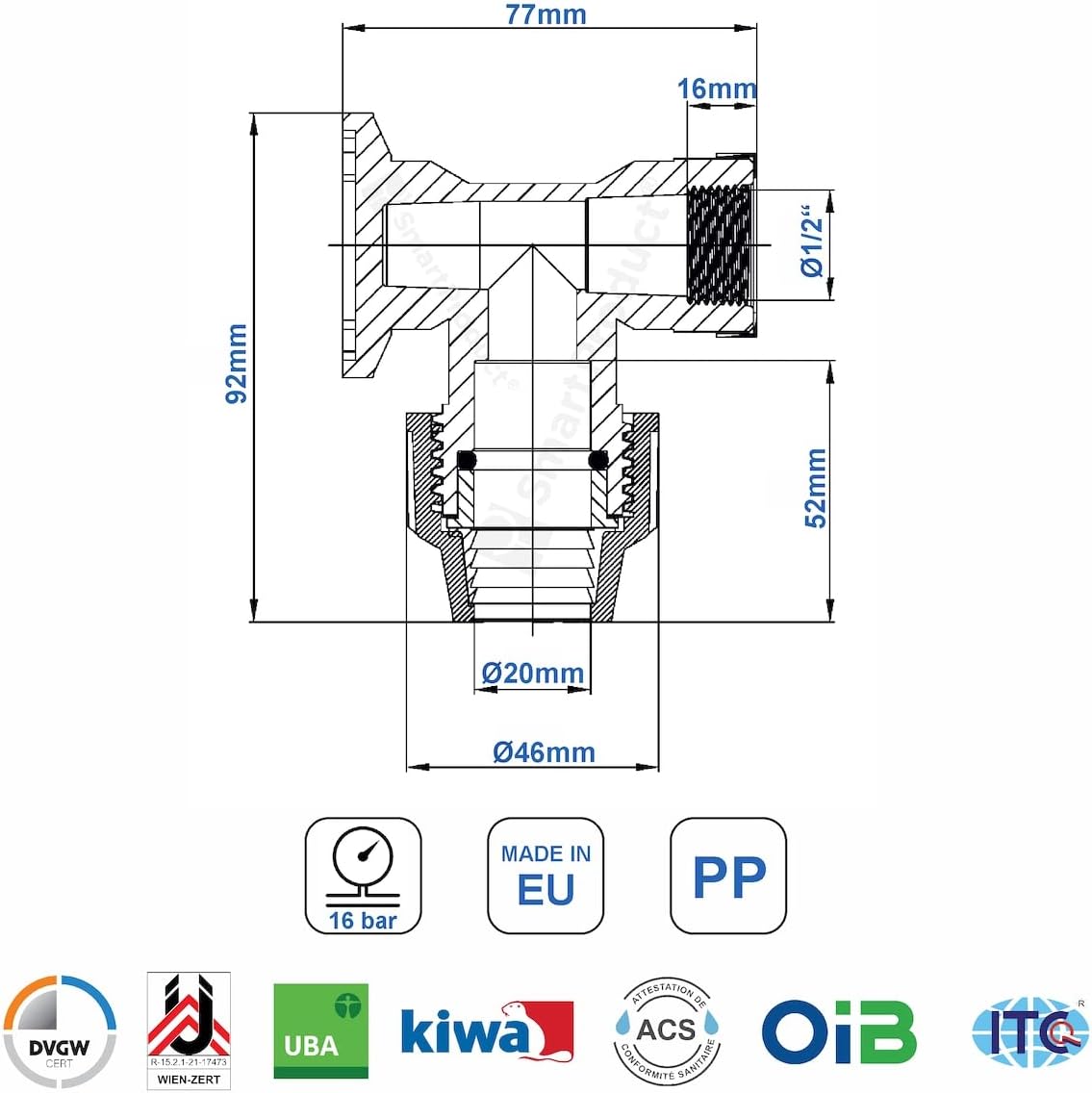 PP Wandwinkel mit Innengewinde 20mm x 1/2 Zoll Verschraubung für PE Rohr PN16 DVGW Trinkwasser zertifiziert – 20 mm Klemmverbinder Kupplung für PE80 PE100 Rohren - 1 Stück