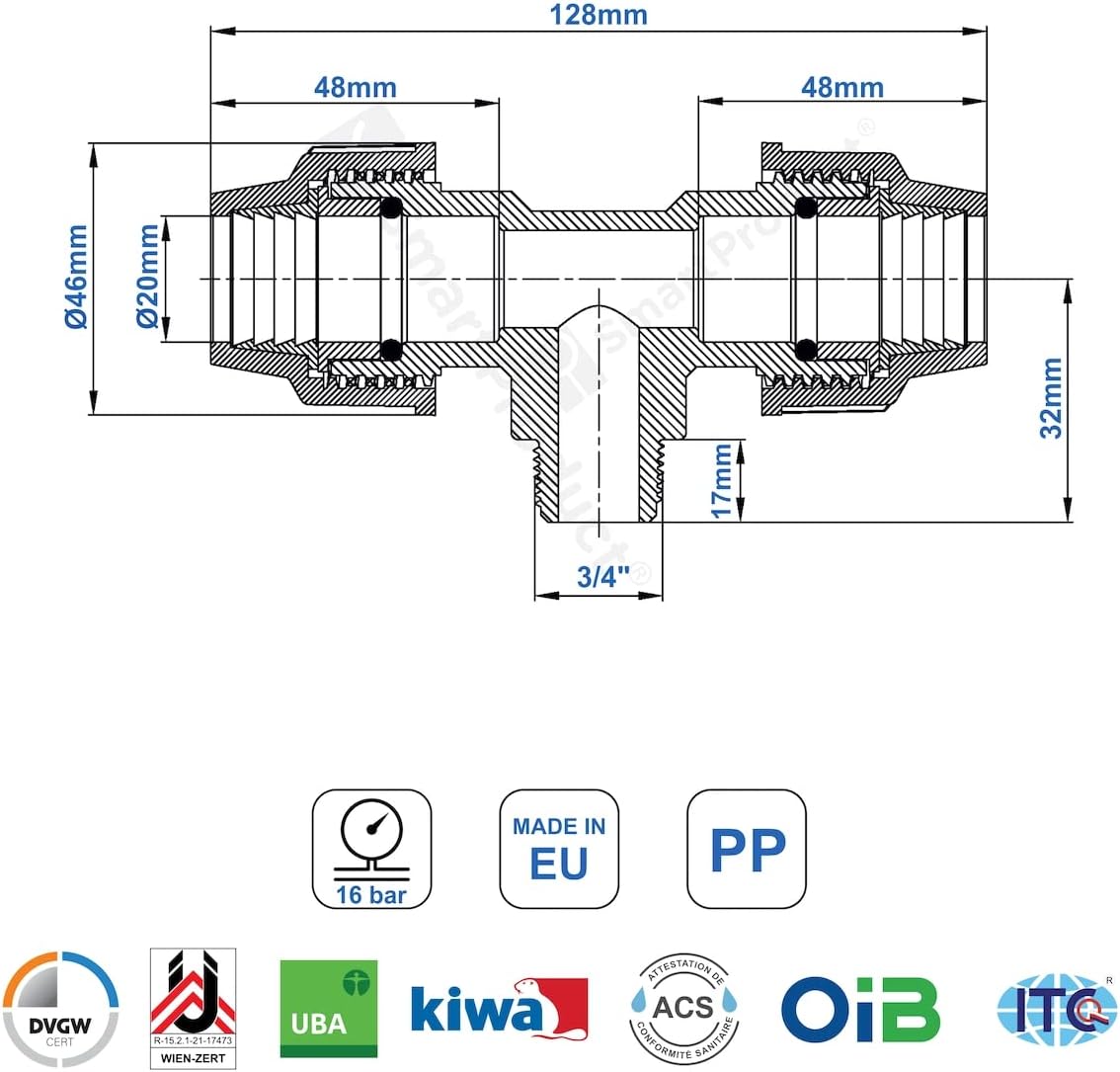 T-Stück PE Rohr Fitting 20mm x 3/4 x 20 mm Außengewinde AG Verschraubung PN16 DVGW Trinkwasser zertifiziert – Klemmverbinder – PP T Stück Kupplung für PE80 PE100 Rohren – 1 Stück