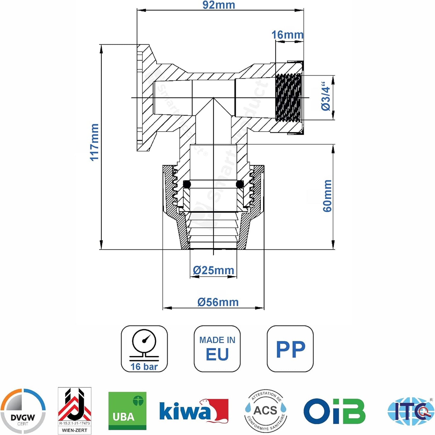 PP Wandwinkel mit Innengewinde 25mm x 3/4 Zoll Verschraubung für PE Rohr PN16 DVGW Trinkwasser zertifiziert – 25 mm Klemmverbinder Kupplung für PE80 PE100 Rohren - 2 Stück