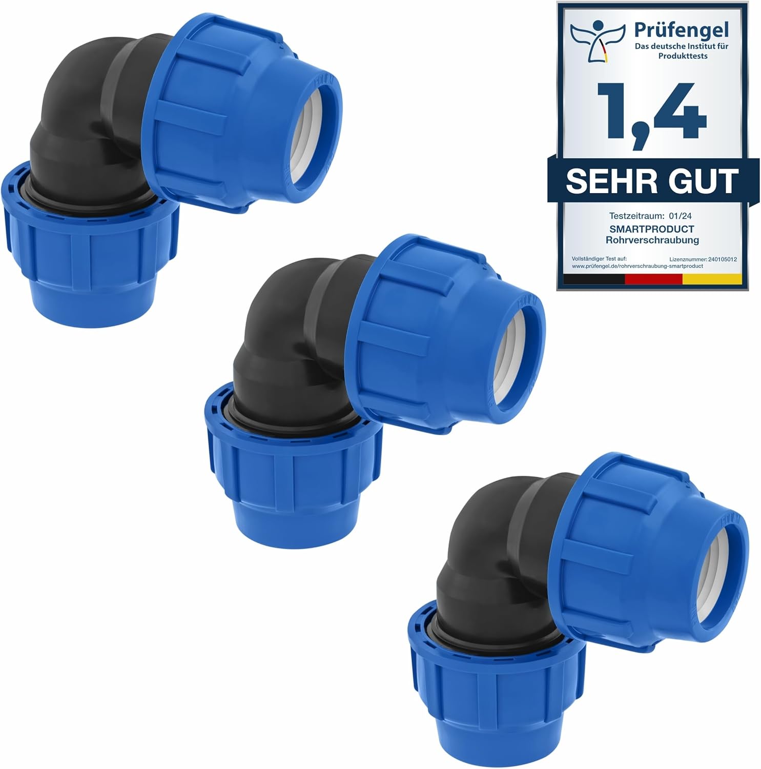 20mm - 3 Stück - PE Rohr Verschraubung Winkel 90 Grad PN16 DVGW Trinkwasser zertifiziert – 20 mm Klemmverbinder für Innen- und Außeninstallationen – PP Kupplung für PE80 PE100 Rohren