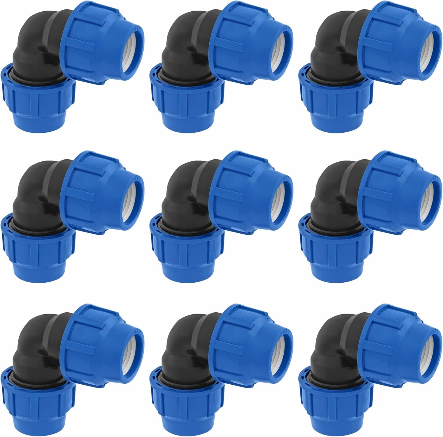 25mm PE Rohr Verschraubung Winkel 90 Grad PN16 DVGW Trinkwasser zertifiziert – 25 mm Klemmverbinder für Innen- und Außeninstallationen – PP Kupplung für PE80 PE100 Rohren - 9er-Pack