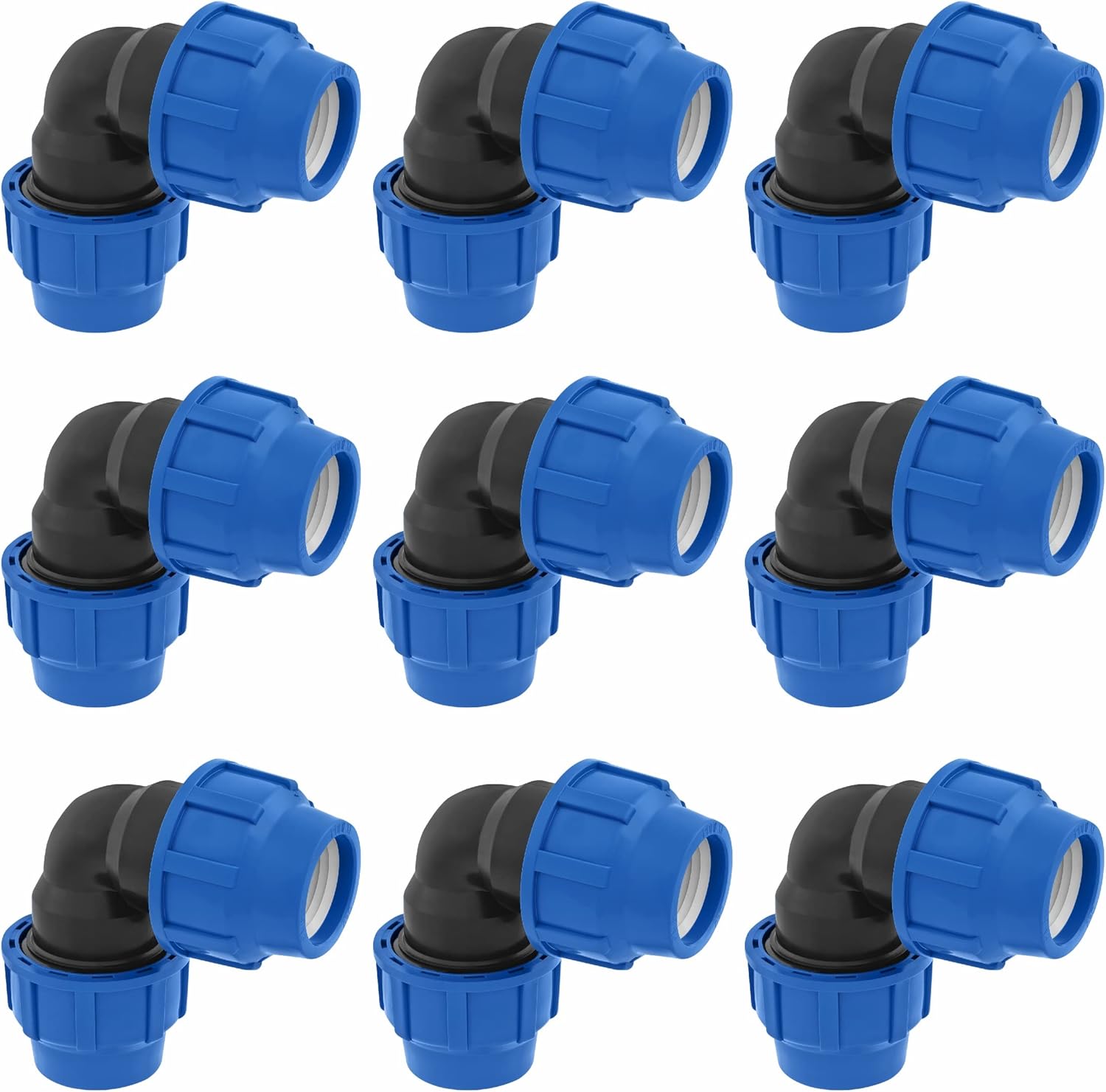 25mm PE Rohr Verschraubung Winkel 90 Grad PN16 DVGW Trinkwasser zertifiziert – 25 mm Klemmverbinder für Innen- und Außeninstallationen – PP Kupplung für PE80 PE100 Rohren - 9er-Pack