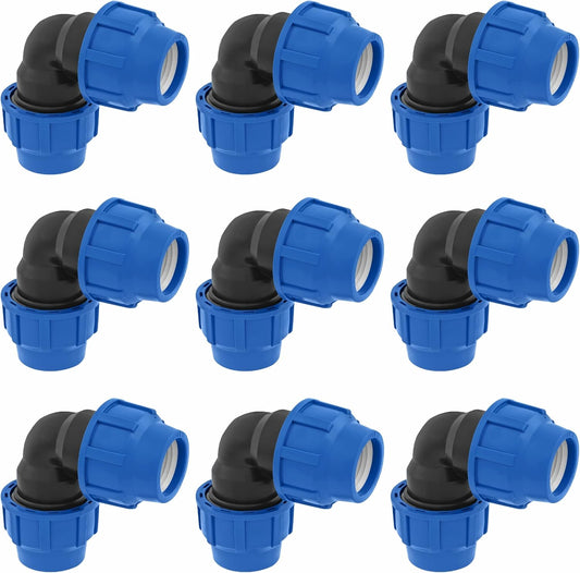 25mm PE Rohr Verschraubung Winkel 90 Grad PN16 DVGW Trinkwasser zertifiziert – 25 mm Klemmverbinder für Innen- und Außeninstallationen – PP Kupplung für PE80 PE100 Rohren - 9er-Pack