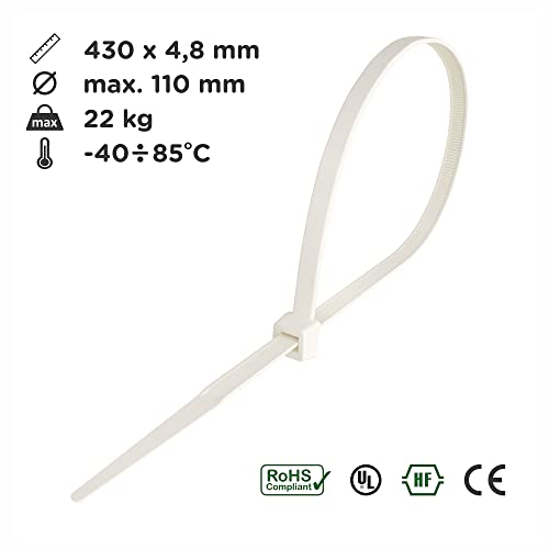 intervisio Kabelbinder Lang 430mm x 4,8mm, weiß, Industrie-Qualität, 200 Stück