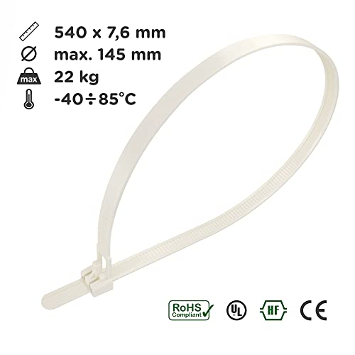 intervisio Kabelbinder Wiederverschließbar, 540mm x 7,6mm, 100 Stück, weiß