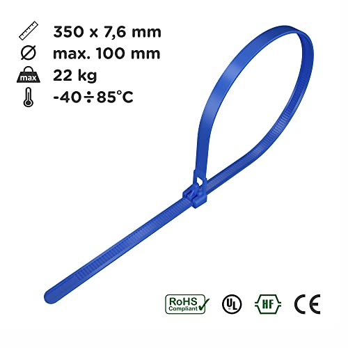 intervisio Kabelbinder Wiederverschließbar, 350mm x 7,6mm, 100 Stück, Blau