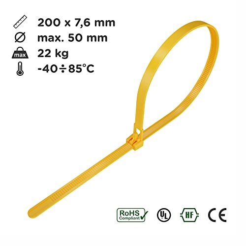 intervisio Kabelbinder Wiederverschließbar, 200mm x 7,6mm, 100 Stück, Gelb