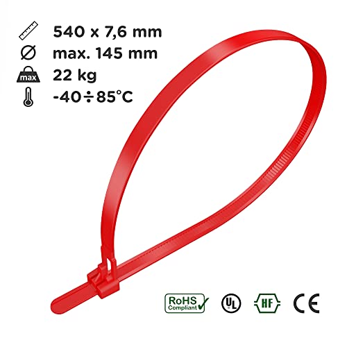 intervisio Kabelbinder Wiederverschließbar, 540mm x 7,6mm, 100 Stück, Rot