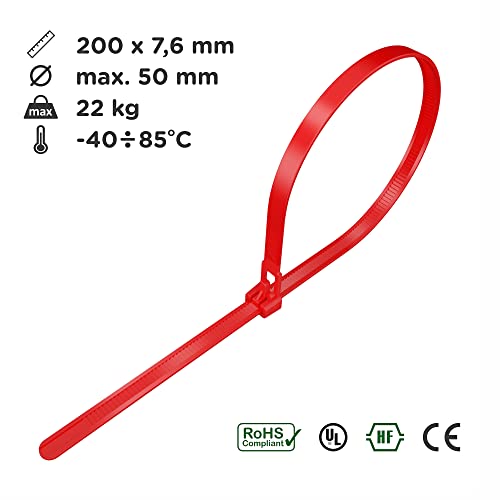 intervisio Kabelbinder Wiederverschließbar, 200mm x 7,6mm, 100 Stück, Rot