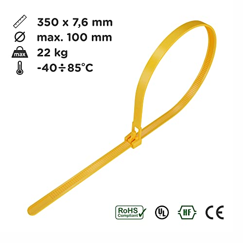 intervisio Kabelbinder Wiederverschließbar, 350mm x 7,6mm, 100 Stück, Gelb
