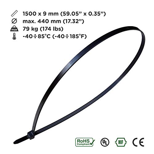 Kabelbinder Extra Lang Industriequalität - 1500mm x 9mm, UV-beständig schwarz, 10 Stück