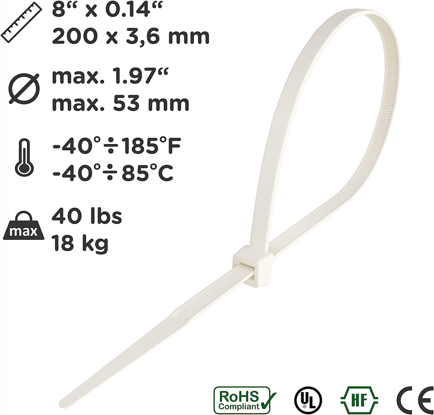Kabelbinder 200mm x 3,6mm weiß, weiss, Universalbinder, Zugkraft 18 kg 900 Stück