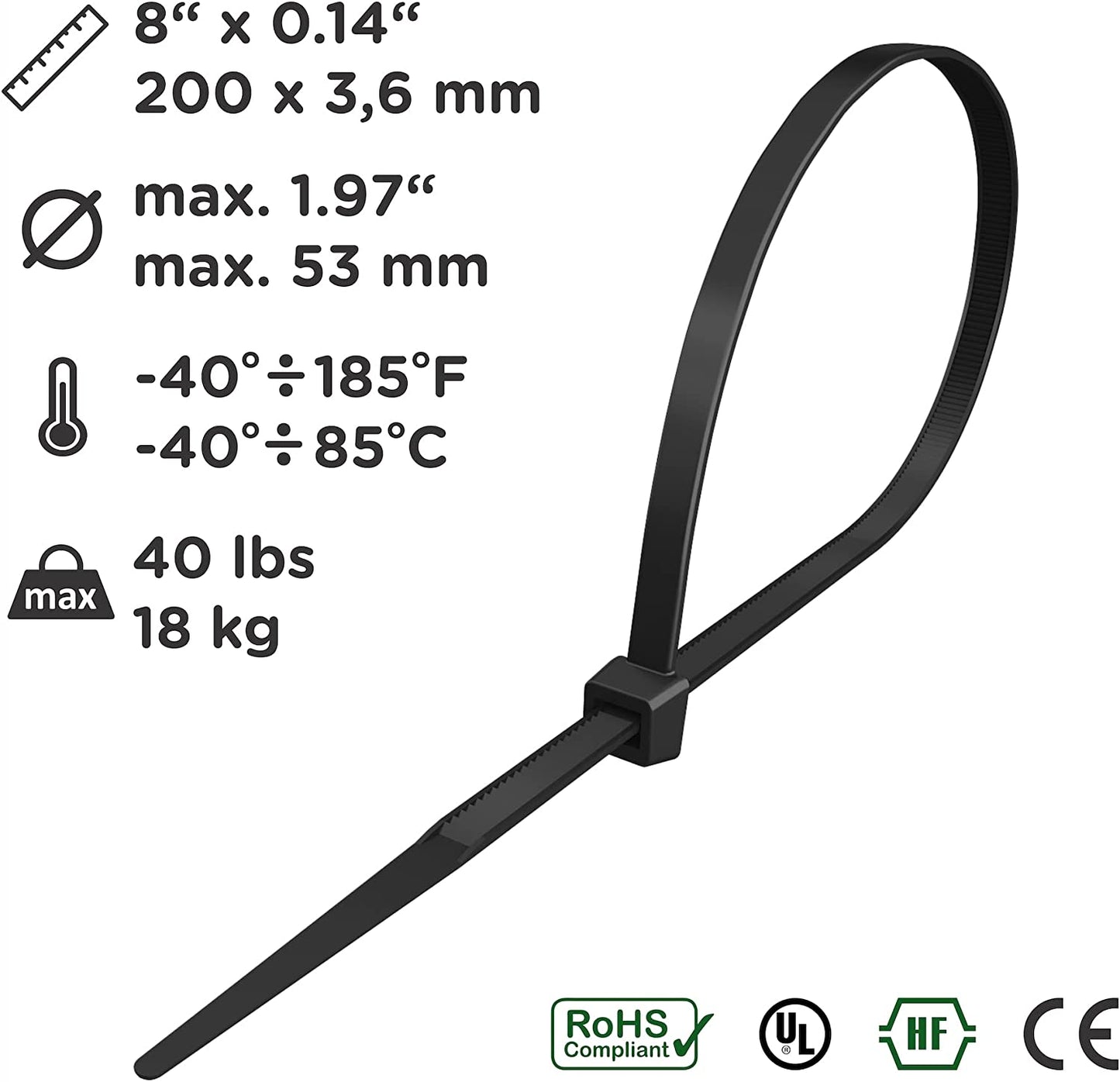 Kabelbinder 200mm x 3,6mm, schwarz ,UV-Beständig, Universalbinder 900 Stück