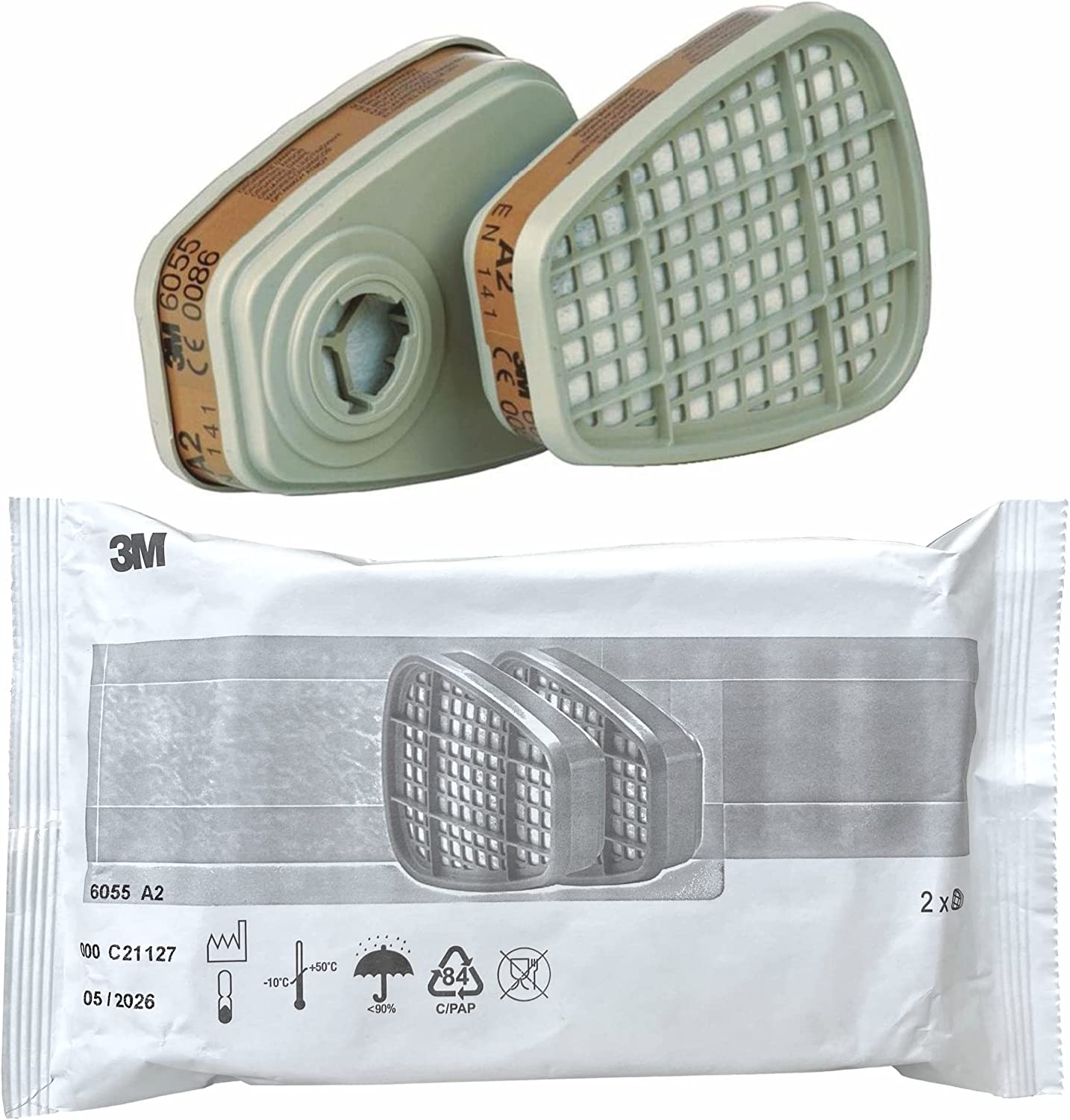 3M 6055 Filter A2 gegen Organische Dämpfe mit 3M 501 Filterdeckel, 3M 5925 und Gehörschutzstöpsel